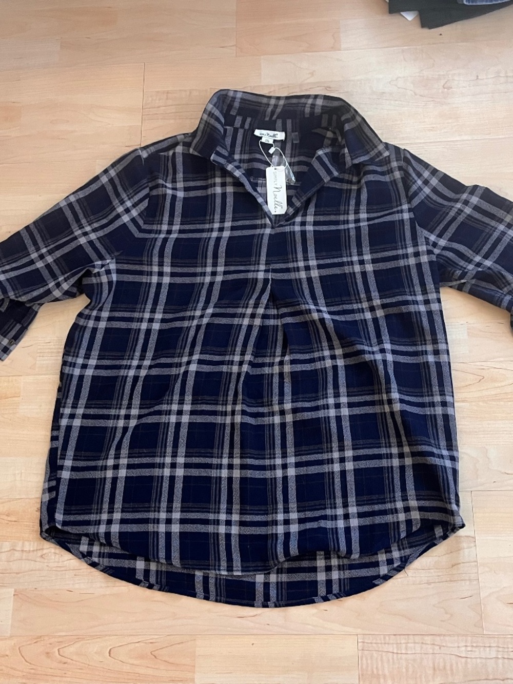 Women’s Simply Noelle Plaid Blouse Top Shirt XXL Navy Blue Brand New